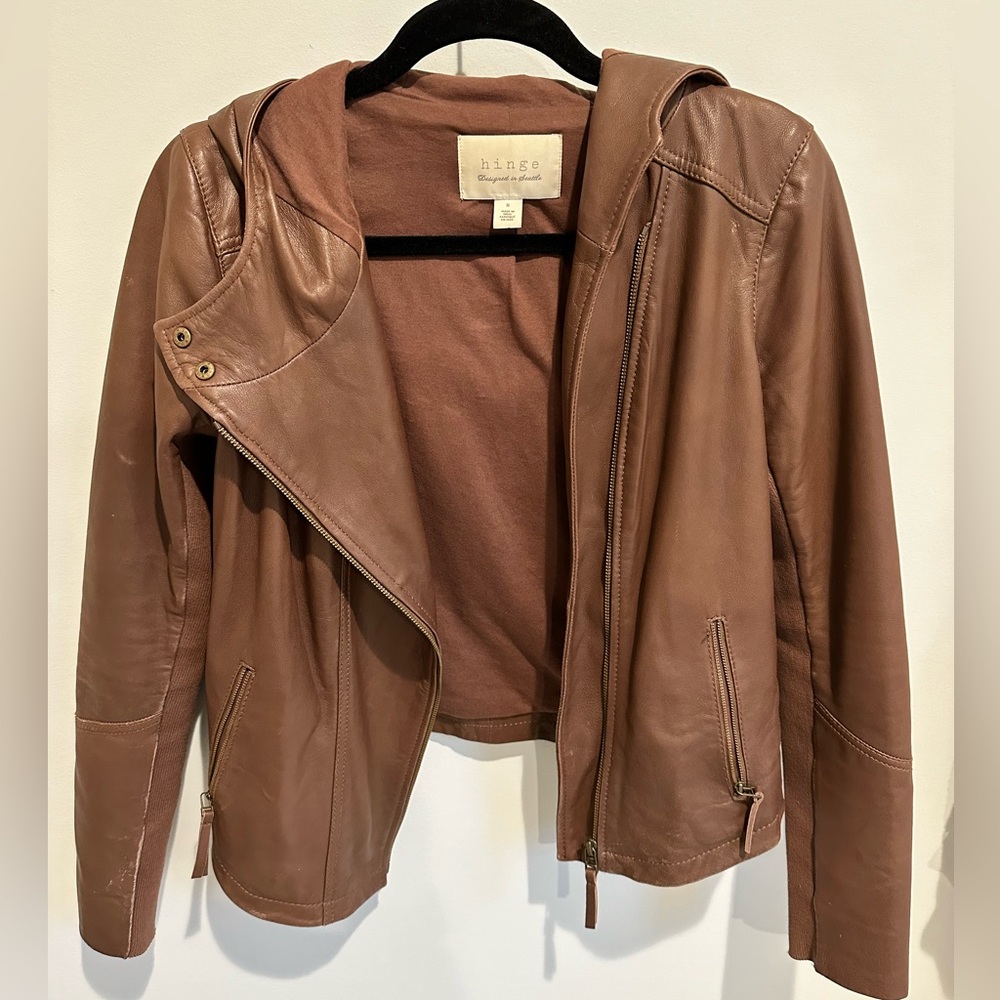 Hinge Hooded Brown Leather Jacket - size small - Picture 3 of 7